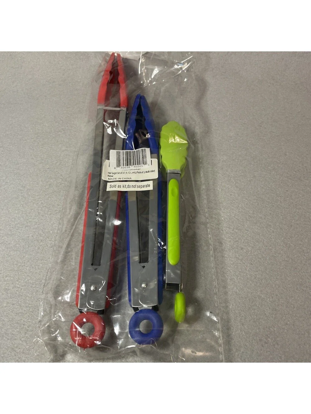 Non-Stick Kitchen Tongs Set of 3: 7, 9, 12-Inch Cooking Tongs Red Green Blue NEW